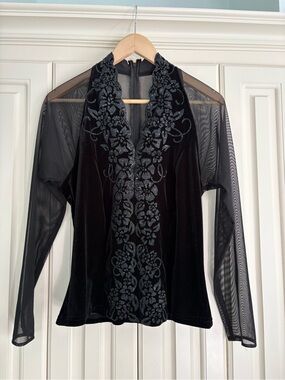 Vintage Black Velvet Sheer Top Embroidered Front J.R. Nites by Caliendo Size 16